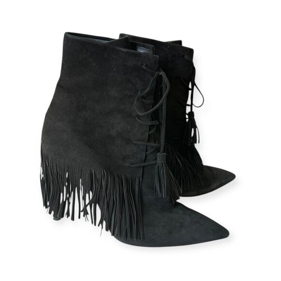AQUAZZURA Mustang 105 Fringe Heeled‎ Ankle Boots In Black Suede, Size 37 EU - Picture 6 of 12